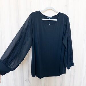 Adrianna Papell Womens Blouse 2X Black Mesh Sleeve Career Dressy Whimsical Chic